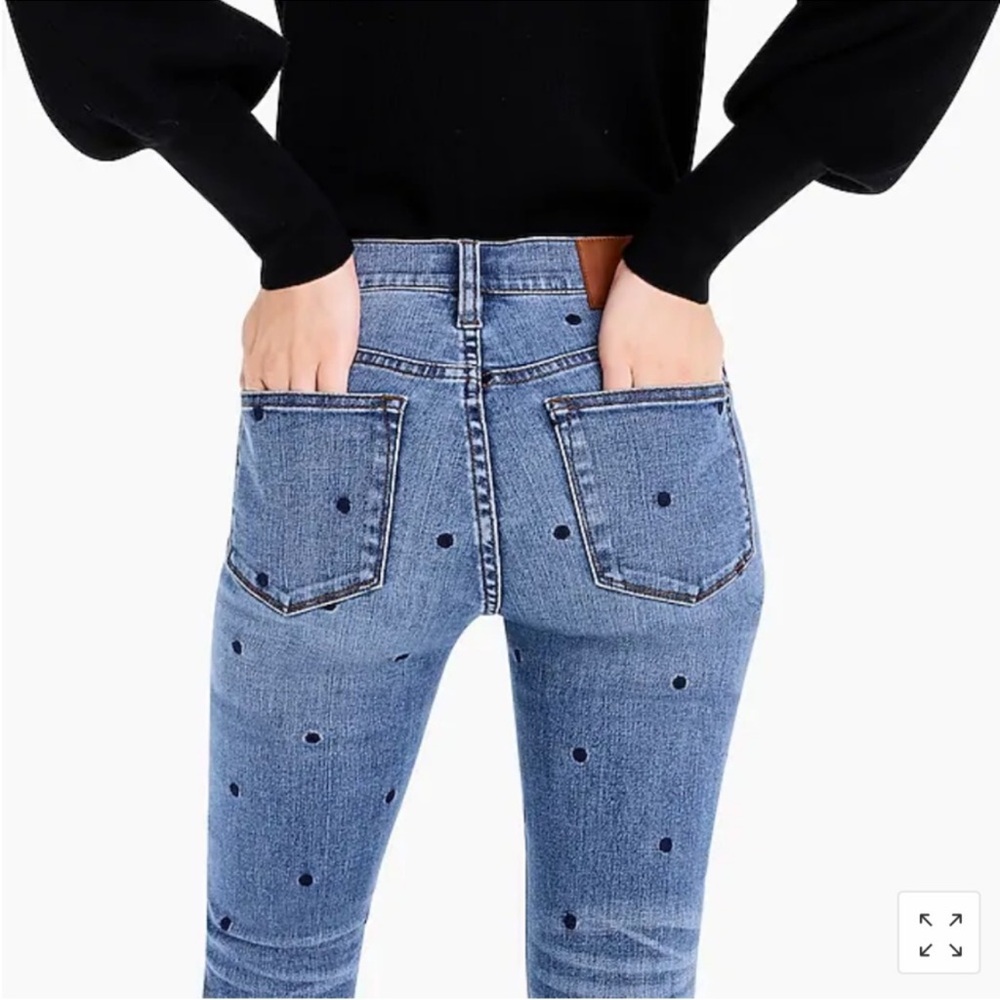 J. Crew • High-Rise Toothpick Jeans in Indigo Embroidered Polka Dots - Picture 2 of 8